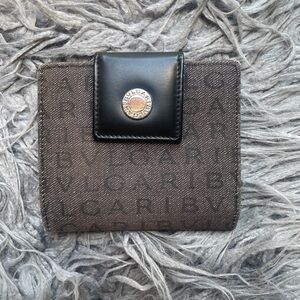 Bvlgari Logo Mania Compact Flap Wallet in Denim Canvas with Black Leather